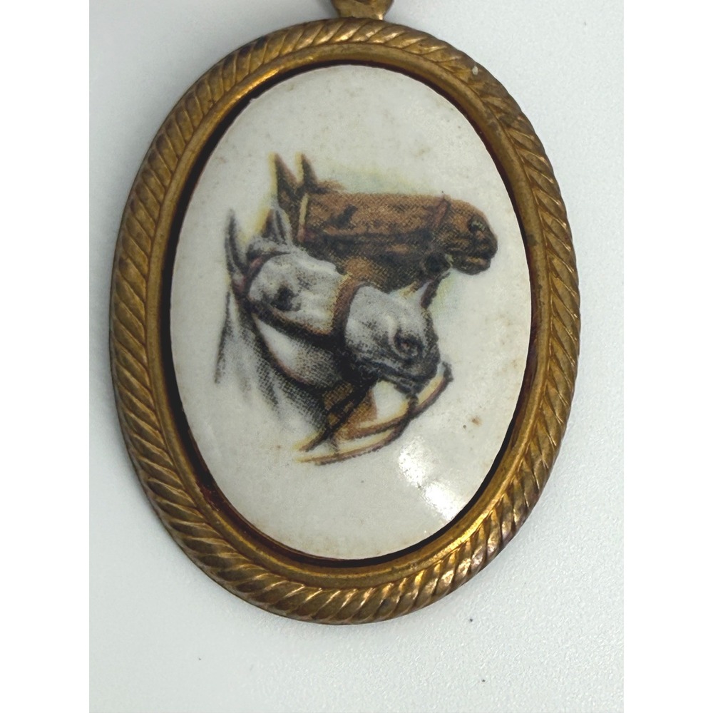 Vintage Horse Portrait Pendant Necklace Ceramic Brass Equestrian Dark Academia - Picture 5 of 5